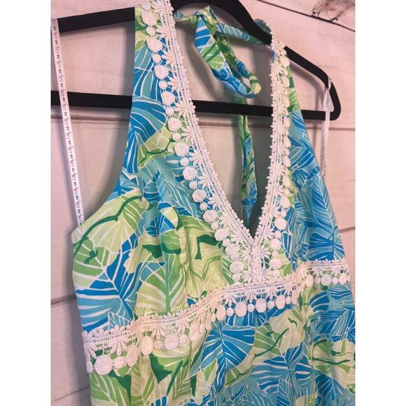 Lilly Pulitzer Size 10 Halter Dress Green Blue White Trim GUC (Stain) - Picture 7 of 7